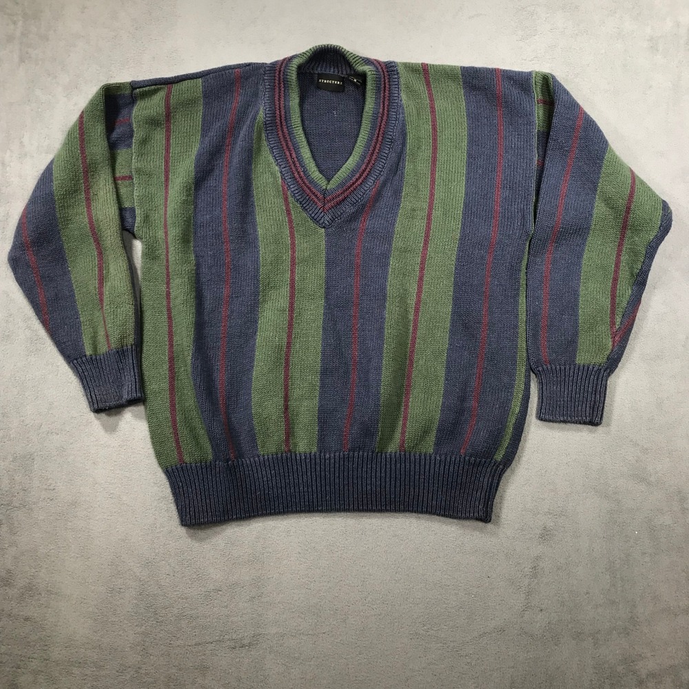 Vintage Structure Varsity Sweater Men Small Blue Green Striped V-Neck Preppy Y2K